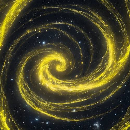 Uma vibrante galáxia espiral amarela néon girando no céu noturno repleto de estrelas.