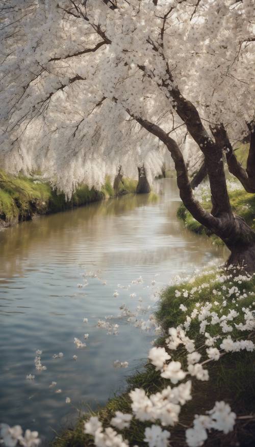 在柔和的午後陽光下，一群白色的櫻花樹排列在蜿蜒的河流上。