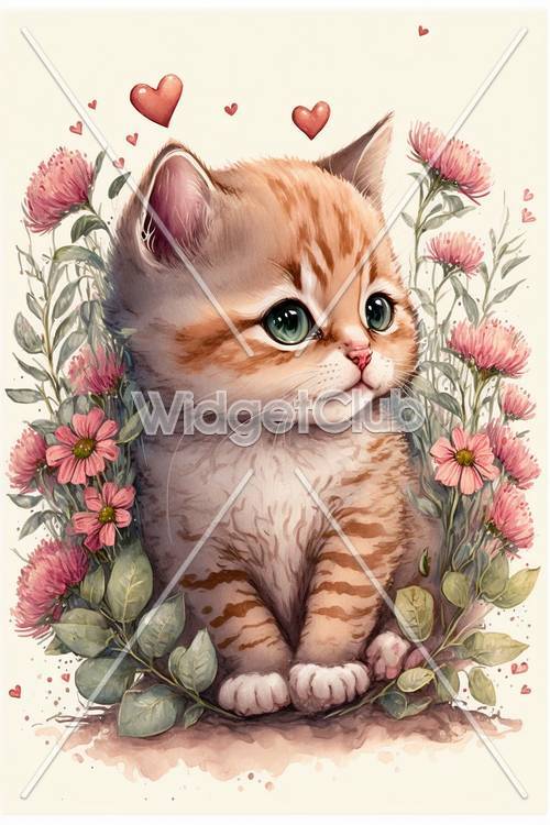 Çiçekli sevimli kedi yavrusu