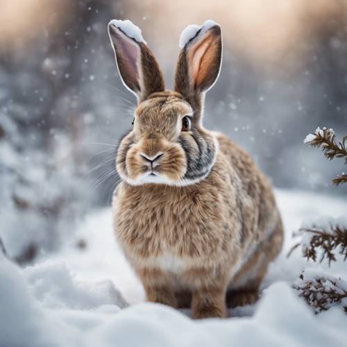 Un coniglio beige mimetizzato nella natura innevata, vigile e pronto a ritirarsi.