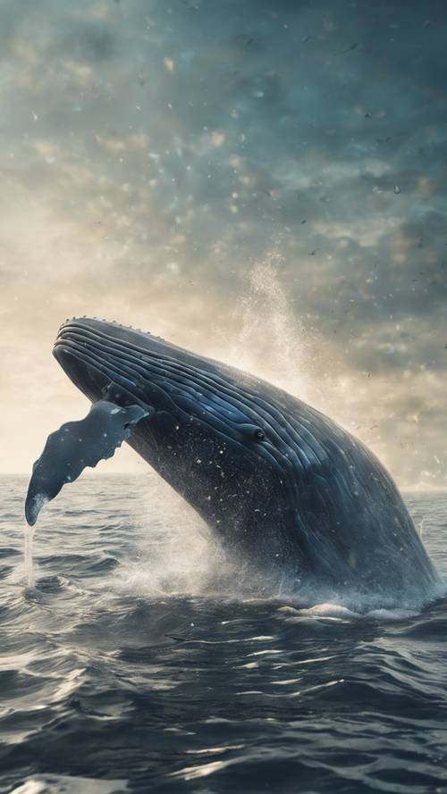 Efektowny wizualnie obraz zdezorientowanego wieloryba żeglującego po zanieczyszczonym oceanie.