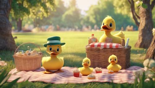 Urocza kreskówka w stylu kawaii przedstawiająca szczęśliwą rodzinę kaczek spędzającą lato na pikniku.