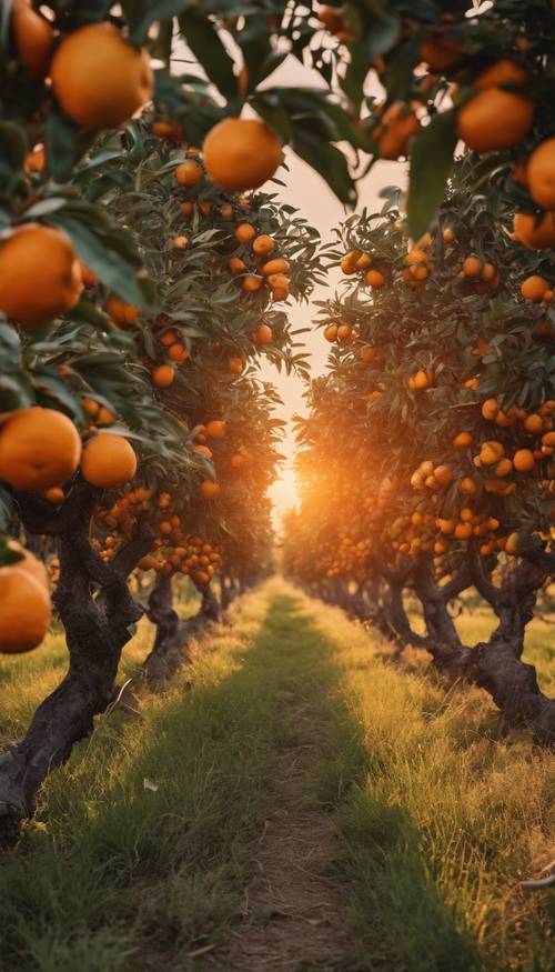 Ein malerischer Orangengarten auf dem Höhepunkt der Erntezeit mit einem leuchtenden Sonnenuntergang im Hintergrund.
