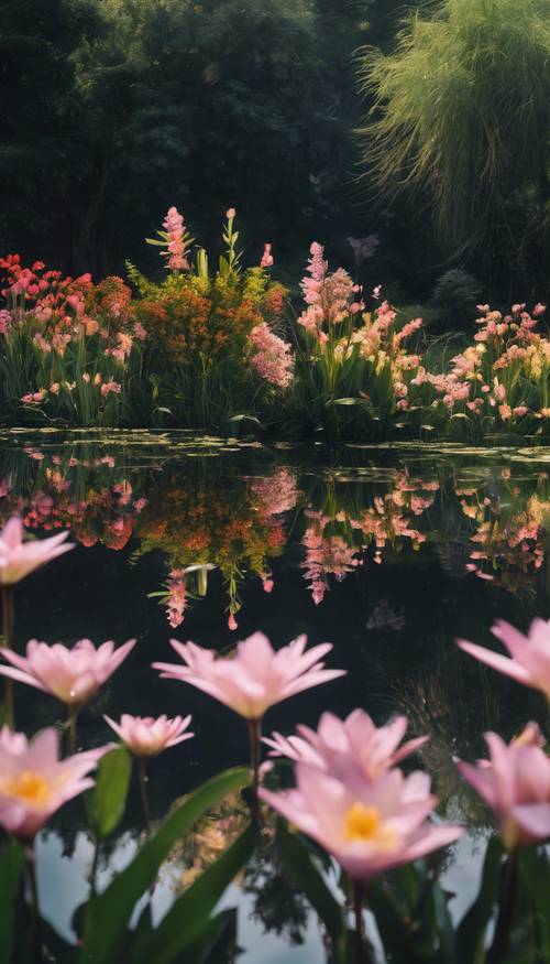 Pelangi hitam terpantul di kolam yang tenang, dikelilingi bunga lili yang bermekaran.