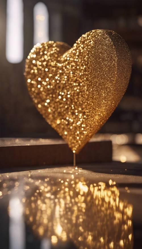 Güneş ışığını yansıtan, altın parıltılı malzemeden yapılmış büyük bir kalp sembolü.