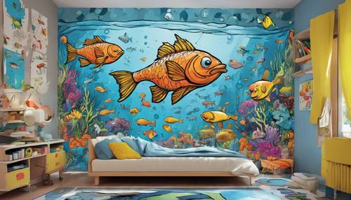 Une scène sous-marine de graffitis de poissons de dessin animé sur le mur de la chambre d&#39;un enfant.