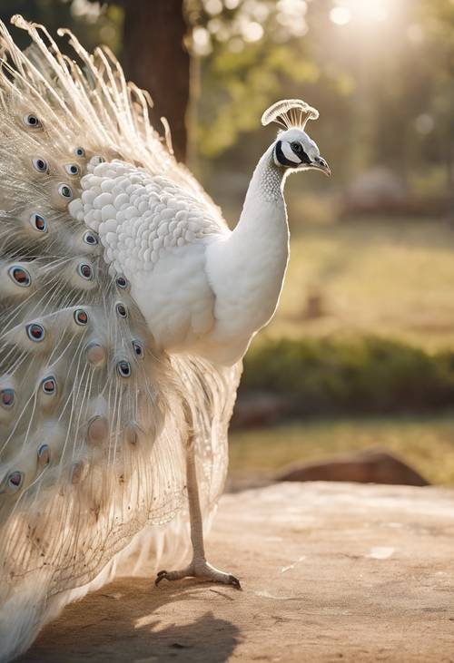 Un paon blanc toilette ses plumes dans la lumière calme et paisible du soleil du matin.