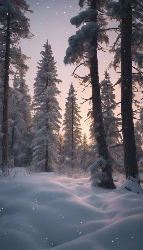 Eine sanfte Szene in der Dämmerung mit schneebedeckten Kiefern, die still unter einem Sternenhimmel stehen. Hintergrund [d69b0a48360a4784ae3f]