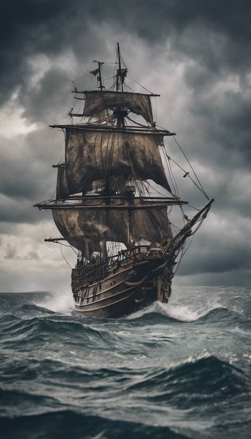 A fierce pirate ship sailing on the wild sea under the stormy skies.