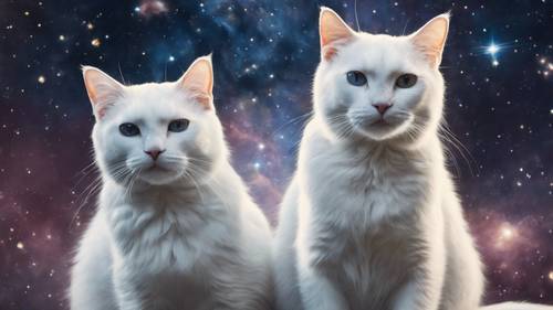 Uma representação mágica de três gatos brancos, com manchas brilhantes semelhantes a estrelas, flutuando em uma nebulosa majestosa - uma interpretação de &quot;Gatos Galácticos&quot;.