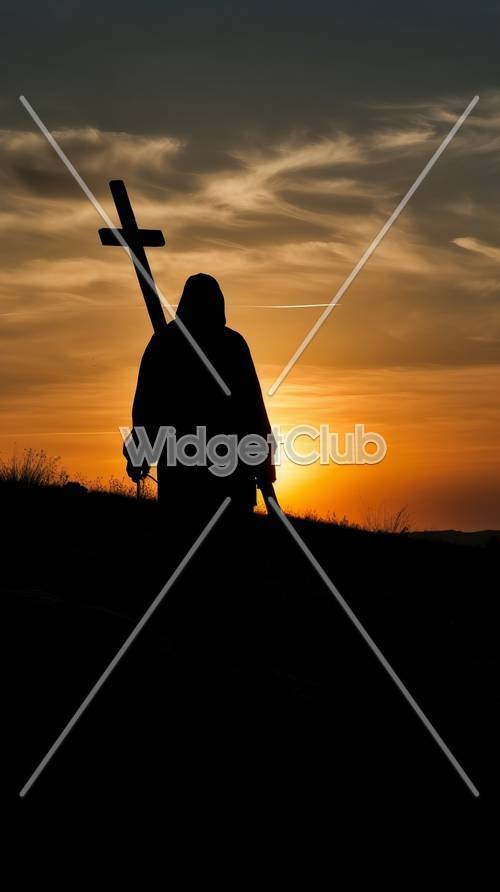 Sonnenuntergang Silhouette eines Ritters mit Schwert und Schild