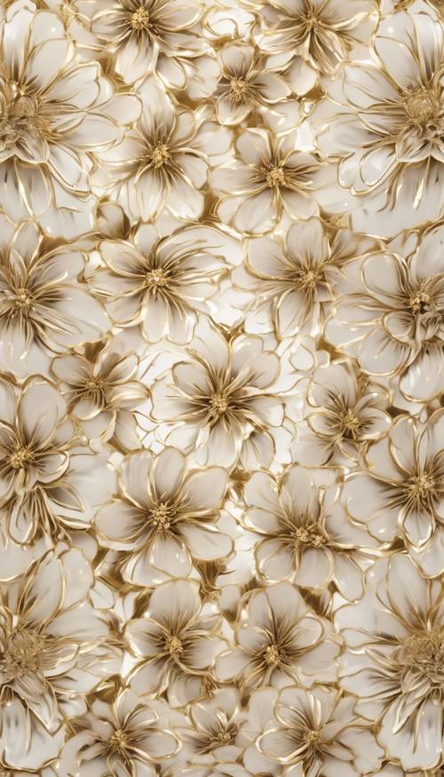 Symmetrical cream flowers outlined in beautiful metallic gold on a seamless background.