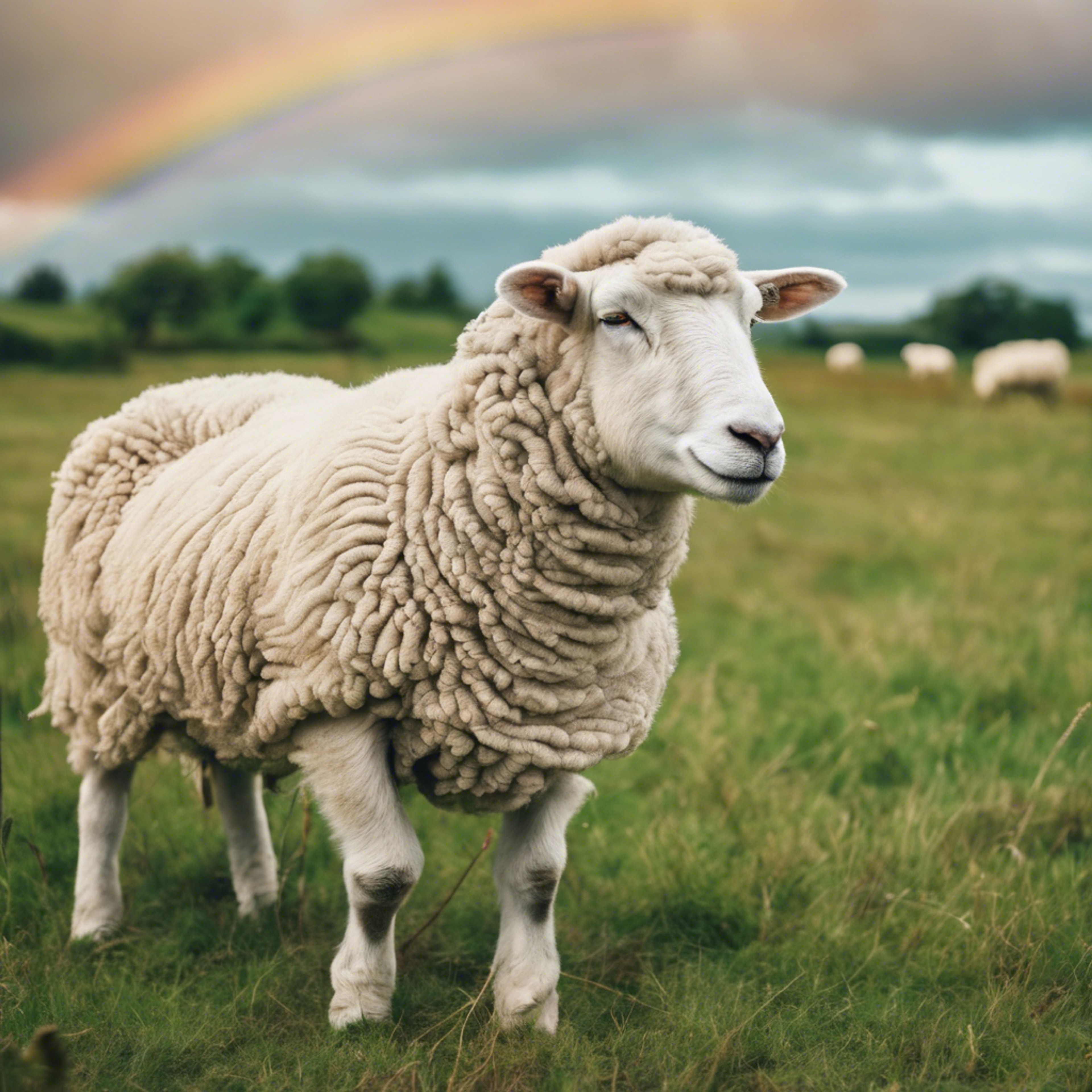A beautiful open field of grass with puffy white cloud sheep that create rainbow trails as they bound joyfully around. duvar kağıdı[bc005b864b354d3896db]