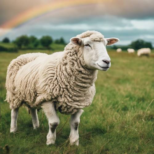 Un bellissimo campo erboso aperto con pecore gonfie di nuvole bianche che creano scie arcobaleno mentre saltellano con gioia.