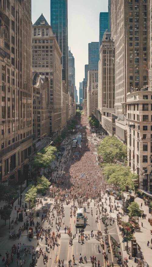 Bird's eye view of bustling Chicago's Magnificent Mile full of shoppers on a sunny summer day. Tapet [97c6b5776d57499f889d]