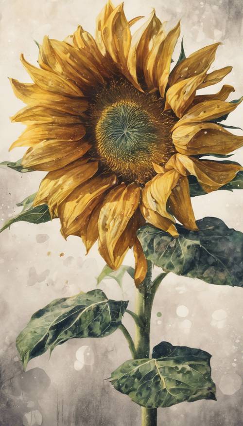 A single sunflower painted in watercolors in a boho theme. Tapet [a12c206a936f43efa104]