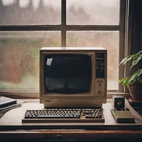 Komputer vintage Apple III duduk di samping jendela pada hari hujan. Wallpaper [ad11aee0d913431da3cd]
