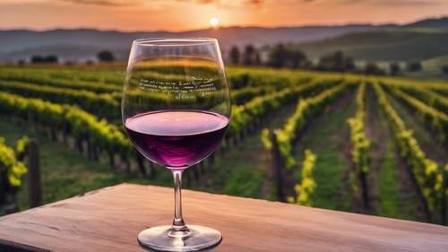 A glamourous shot of a glass of purple wine against a vineyard during sunset with a sophisticated quote about enjoying life.