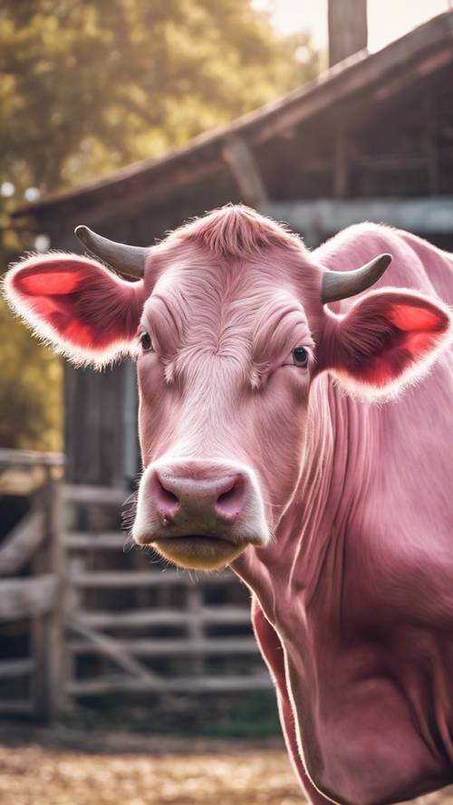Một bản phác thảo chi tiết về một con bò màu hồng trong khung cảnh sân trang trại mộc mạc.”