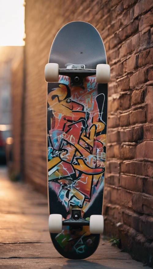 Un skateboard appuyé contre un mur de briques avec des graffitis en zone urbaine au coucher du soleil.