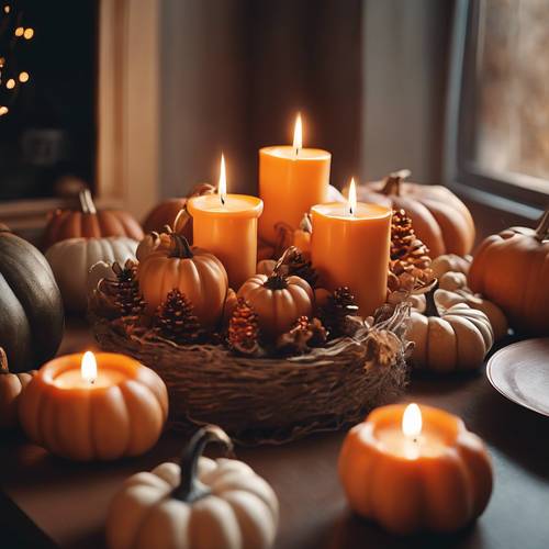 Festive candles and pumpkins arranged in a cozy Thanksgiving decor in kawaii style Тапет [003217d5265448c48ba5]