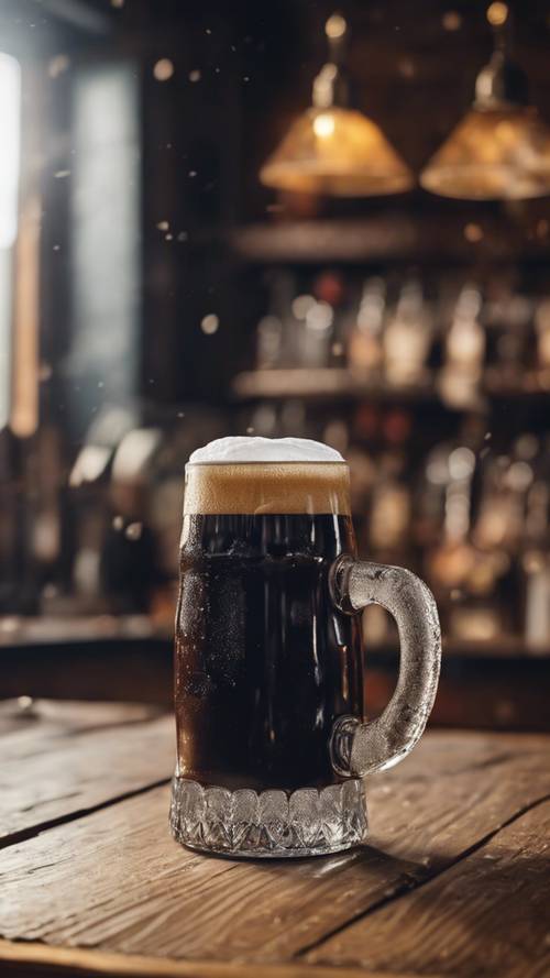 A frosty mug of stout beer resting on a wooden counter in a quiet pub.