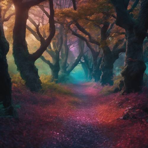 Um caminho iluminado através de uma floresta escura, ladeada por antigos carvalhos sob uma aura multicolorida.