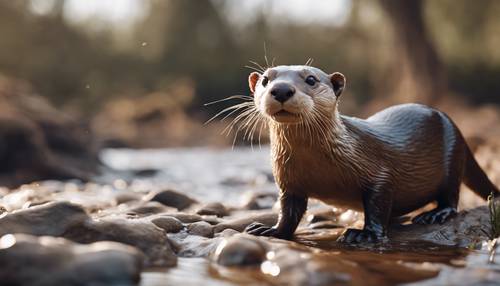 Uma curiosa lontra bronzeada deslizando pela margem lamacenta de um rio até um riacho claro e fresco.