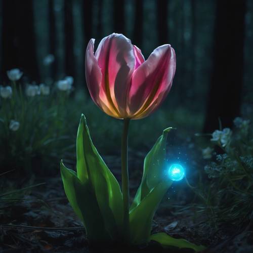 Un tulipano bioluminescente illumina una scena di foresta altrimenti buia.