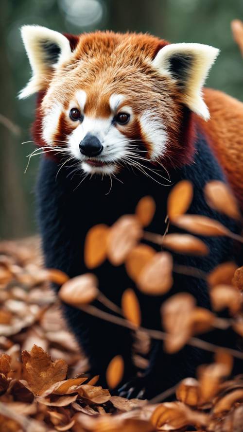 Um close de um panda vermelho inspecionando curiosamente uma folha caída.