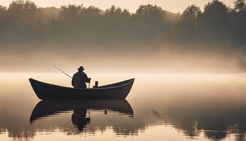 Un pescador solitario navegando en un pequeño barco de madera en un lago sereno, rodeado de una espesa niebla en el amanecer de principios de verano.