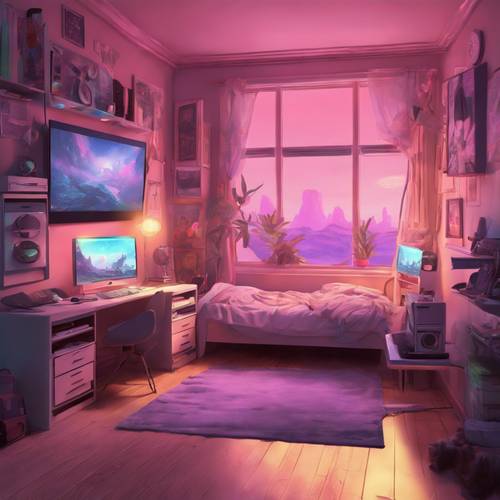 Dormitorio de jugador con temática pastel y monitores que se iluminan suavemente al anochecer.