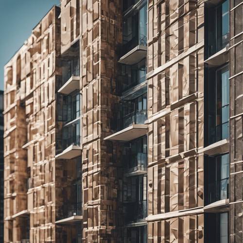 Una vista arquitectónica de un paisaje urbano, concentrándose en los patrones geométricos, las texturas y el juego de sombras y luces en las fachadas de los edificios.