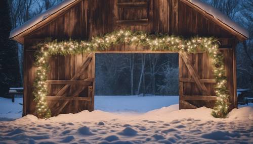 Un fienile rustico decorato con luci e ghirlande natalizie, con un fresco strato di neve sul terreno tutt&#39;intorno.