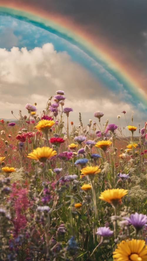 一道波西米亚风格的彩虹出现在一片五颜六色的野花丛中。