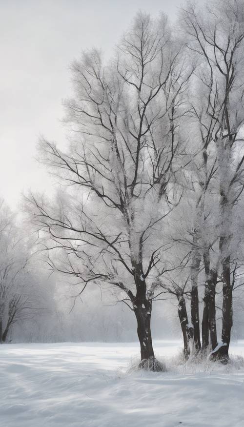 Một khung cảnh tuyết yên tĩnh với những hàng cây trơ trụi màu xám và bầu trời trắng xóa.