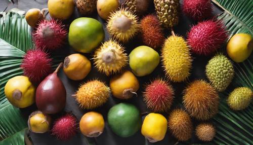 Eine Auswahl einzigartiger tropischer Früchte aus aller Welt, die nebeneinander präsentiert werden; darunter Rambutan, Tamarinde und Jackfrucht.