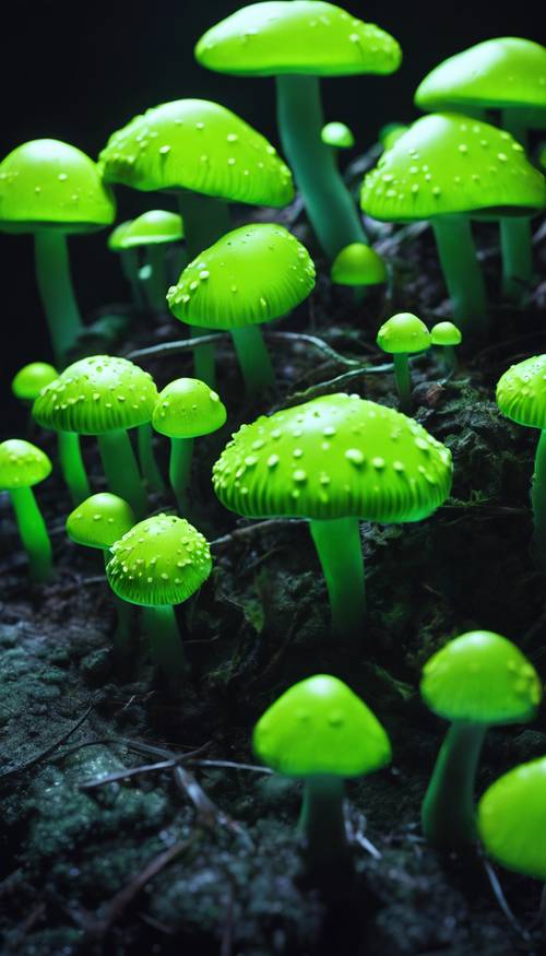 Eine Gruppe neongrüner Pilze, die in der Dunkelheit leuchten.