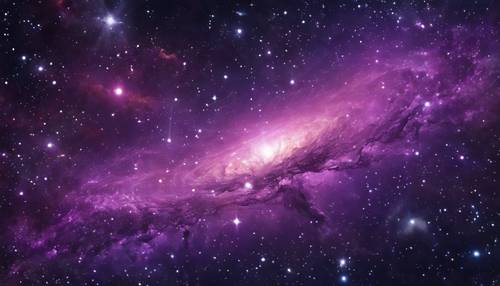 Nebula ungu menawan yang bersinar terang di tengah konstelasi galaksi yang berkilauan.