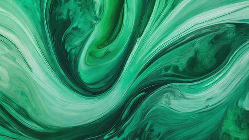 Abstract swirls of cool mint and deep green colors overlapping and creating a soothing chaotic painting.