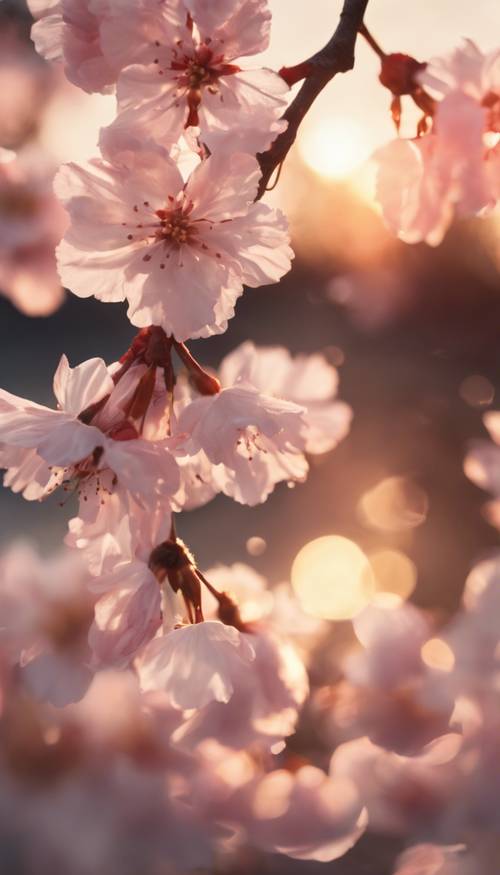 Matahari terbenam yang lembut menyinari kelopak bunga sakura yang mengambang.