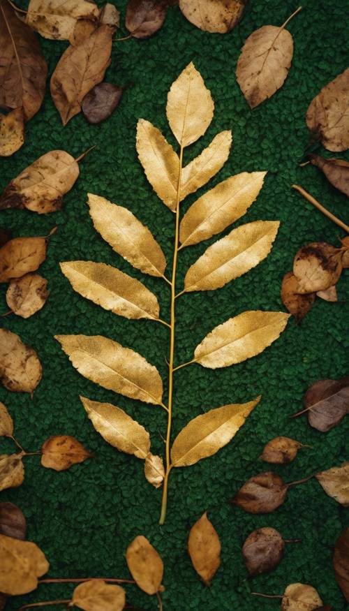 An isolated gold leaf on a carpet of green leaves in the forest during fall.