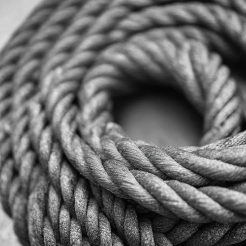 Uma imagem em tons de cinza de uma corda cinza bem enrolada, destacando sua textura robusta.