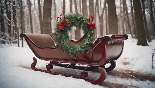 A scene of a brown vintage sleigh adorned with a festive holiday wreath and red bow.