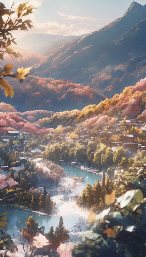キュートなアニメキャラクターとして表現された山々の壮大な景色
