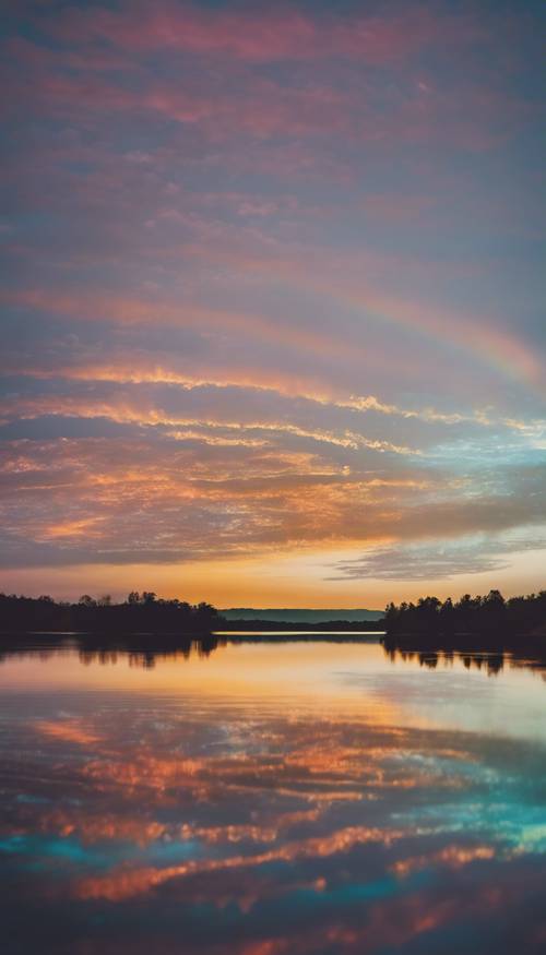 A rainbow mirrored on a calm, placid lake against a twilight sky.