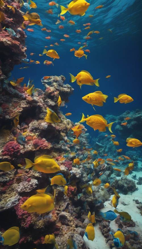 深い青い海の沈没船を探検する、色鮮やかな熱帯魚の群れ