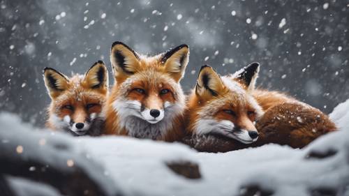A family of foxes cozying up in their den during a blizzard.