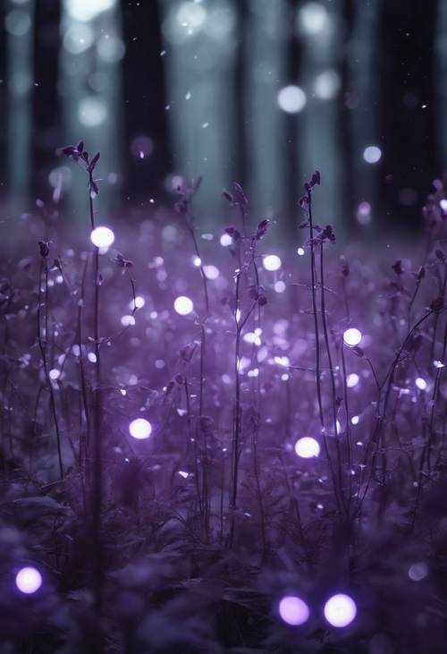 白い幽霊の森を照らす無数の紫色のホタル