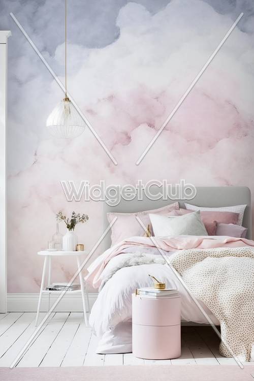 Decoración de dormitorio con cielo nublado rosa